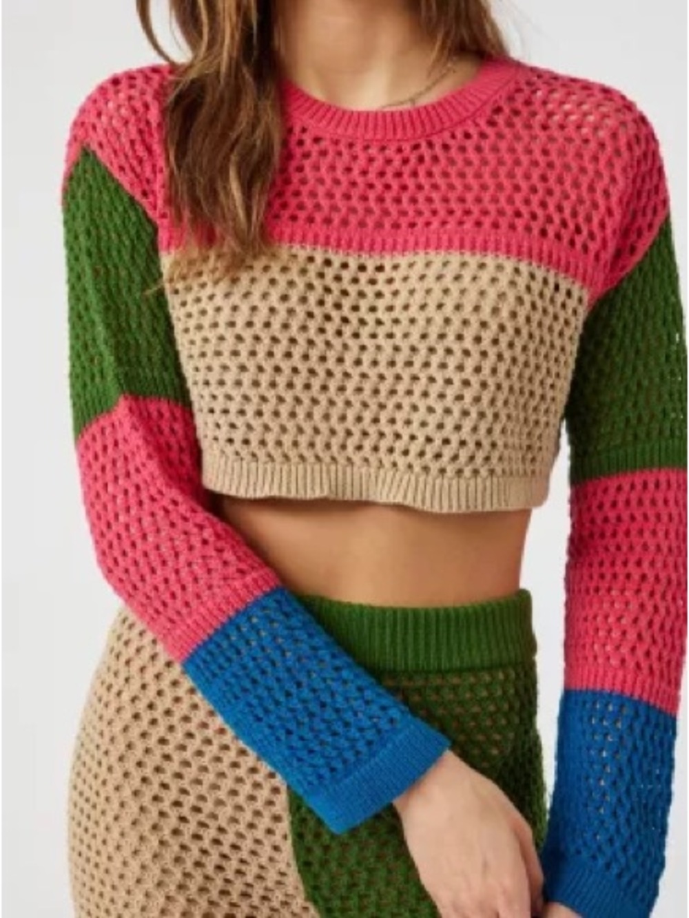 NWT Color Block Coord Set Knit Cropped Sweater & Pant Pink, Green, Beige & Blue